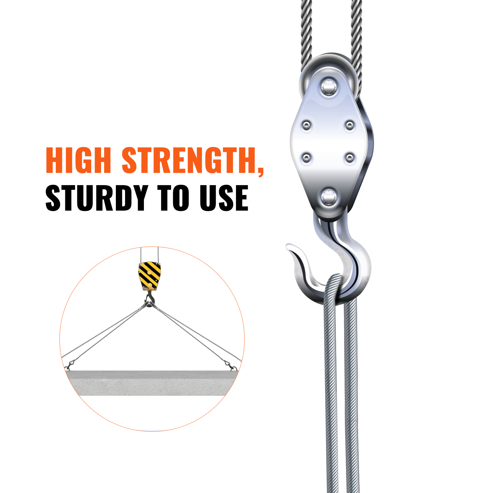 VEVOR stainless steel cable with sturdy hook for heavy lifting, high strength.