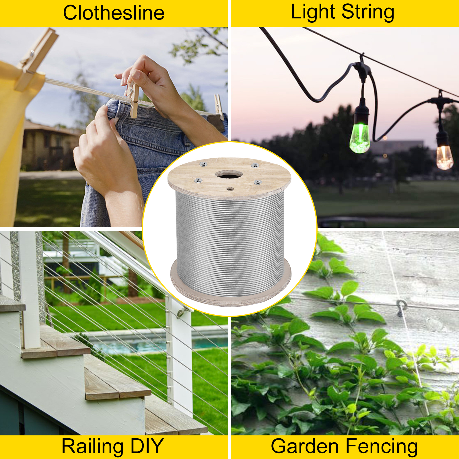 VEVOR stainless steel cable uses: clothesline, light string, railing diy, garden fencing.