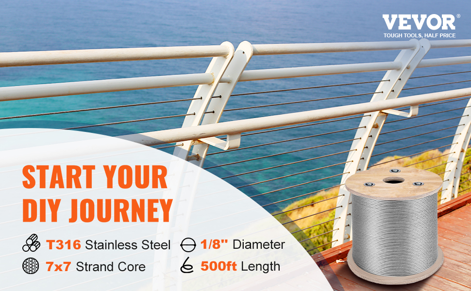 VEVOR stainless steel cable railing with 1/8" diameter, 7x7 strand core, 500ft length.
