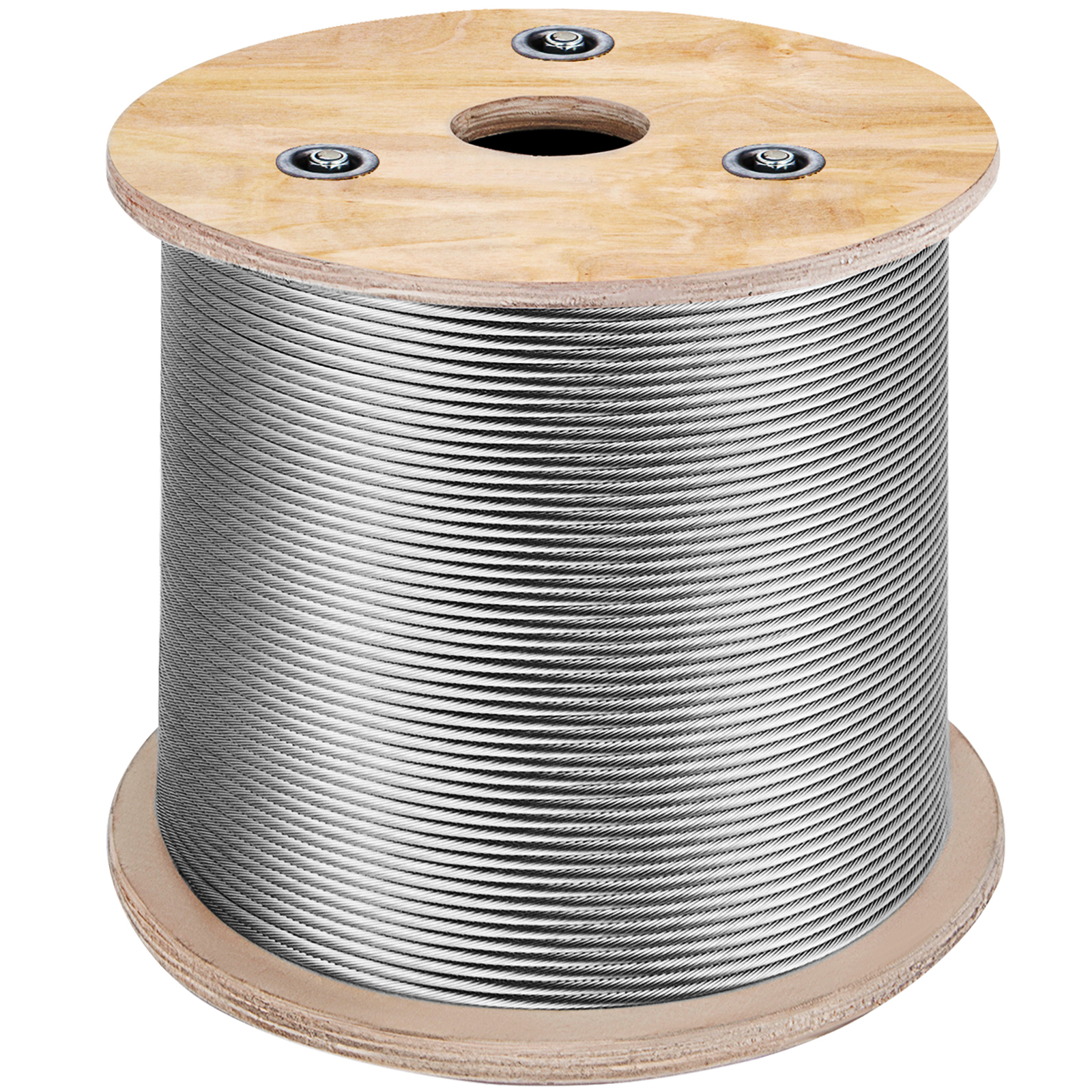 VEVOR stainless steel cable railing wound on a large wooden spool.