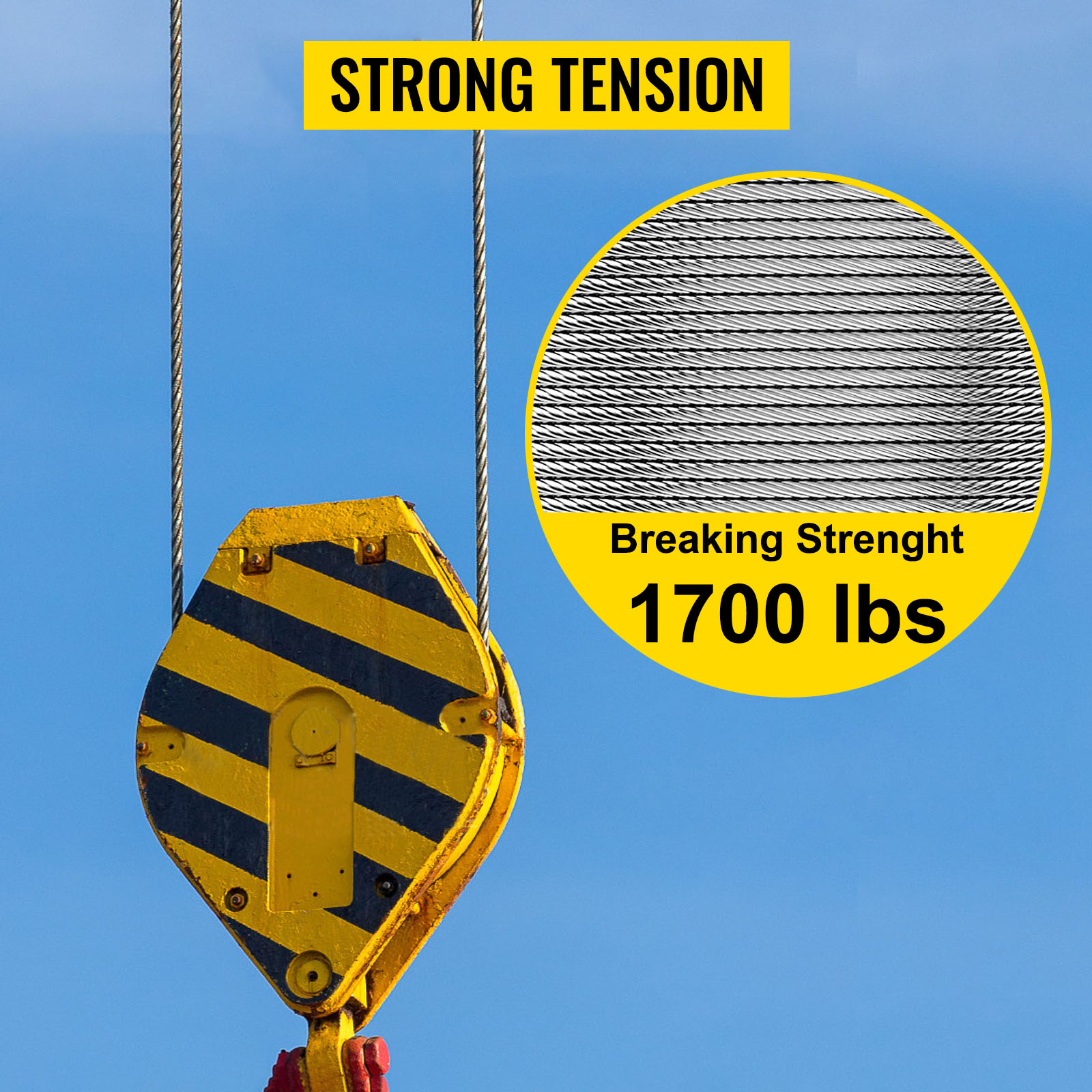 VEVOR stainless steel cable railing with strong tension, breaking strength of 1700 lbs.