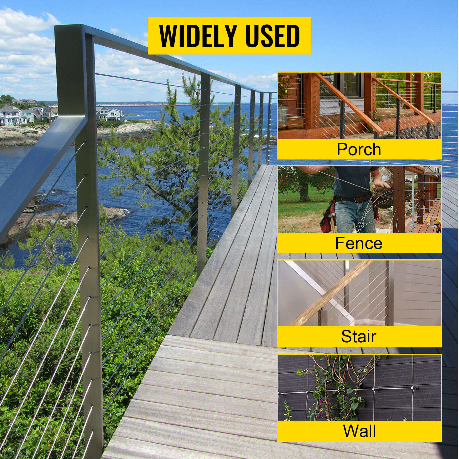 VEVOR stainless steel cable railing with various applications: porch, fence, stair, wall.