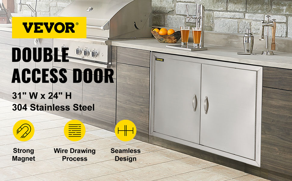 VEVOR bbq double access door 31"w x 24"h in 304 stainless steel, strong magnet, seamless design.