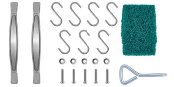 bbq door handles, screws, s hooks, washers, scrubber pad, and spanner tool.