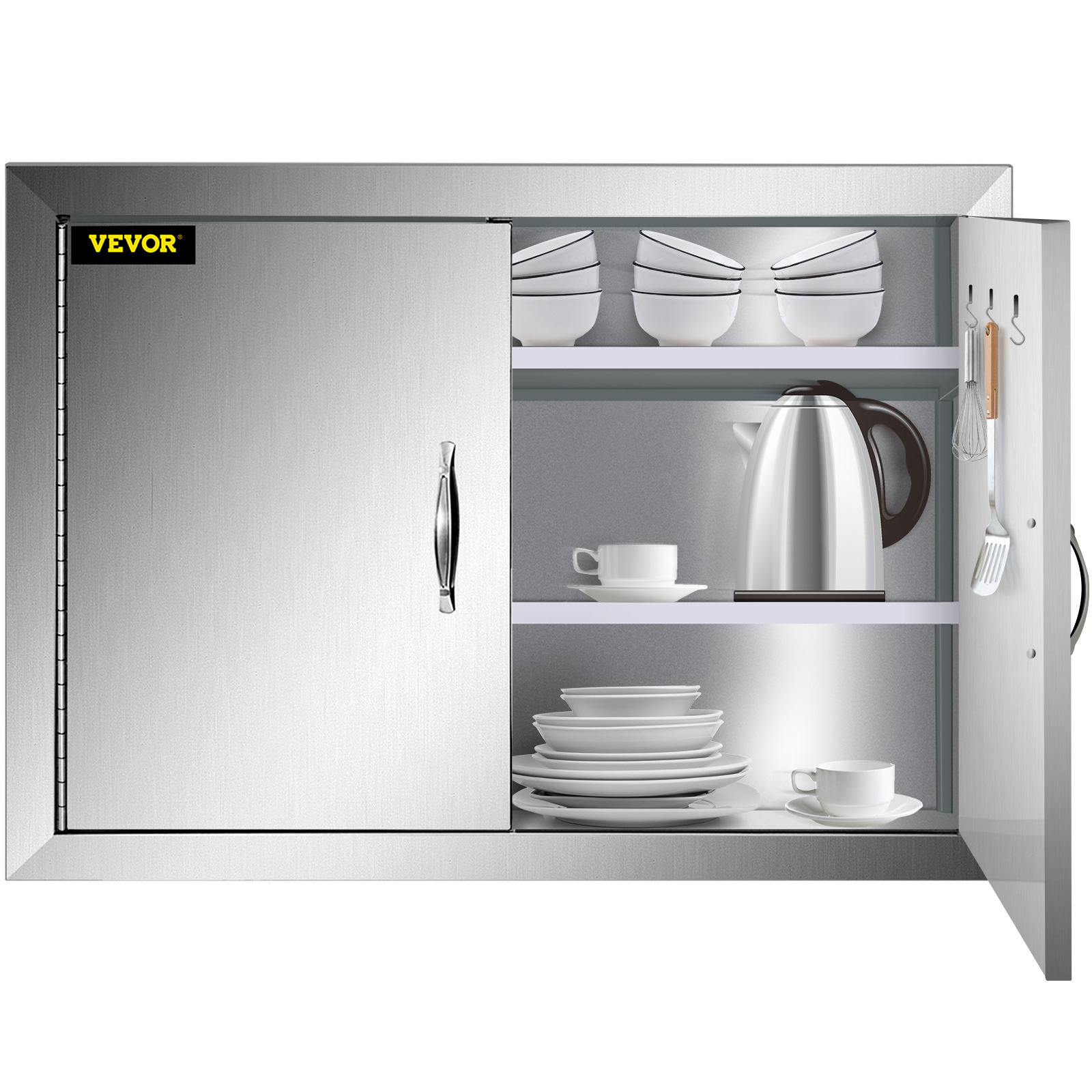 VEVOR bbq double access door with shelves, bowls, plates, kettle, and cups.