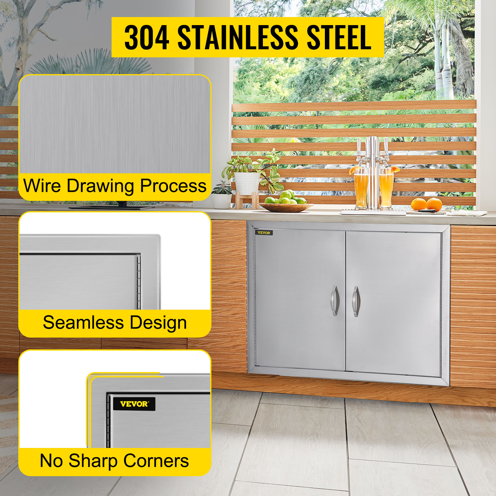 VEVOR bbq double access door in 304 stainless steel with seamless design and no sharp corners.