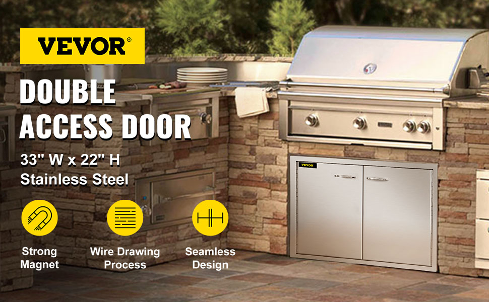 VEVOR bbq access door in outdoor kitchen setup with double stainless steel doors.