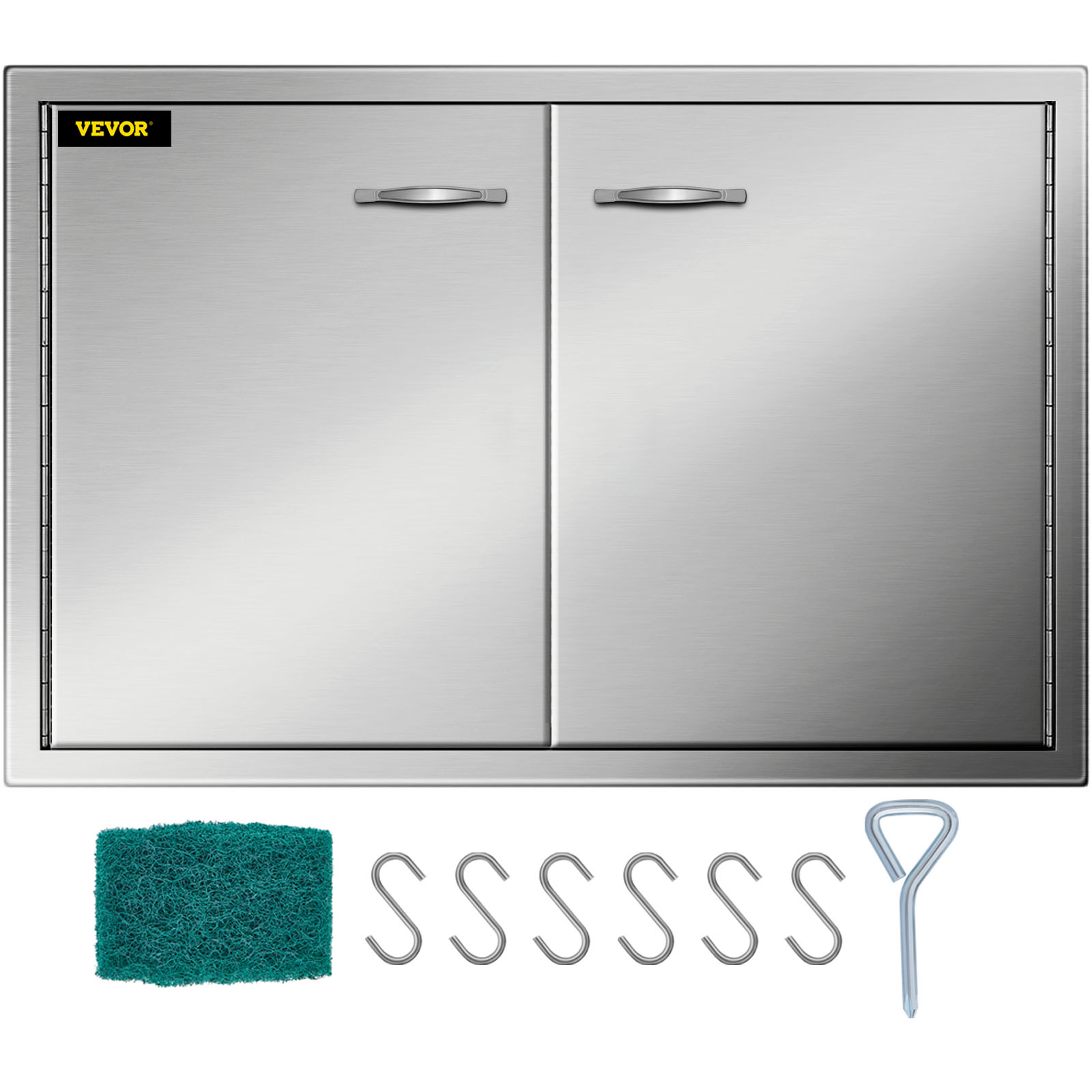 stainless steel VEVOR bbq access door with handles, hooks, and cleaning pad.