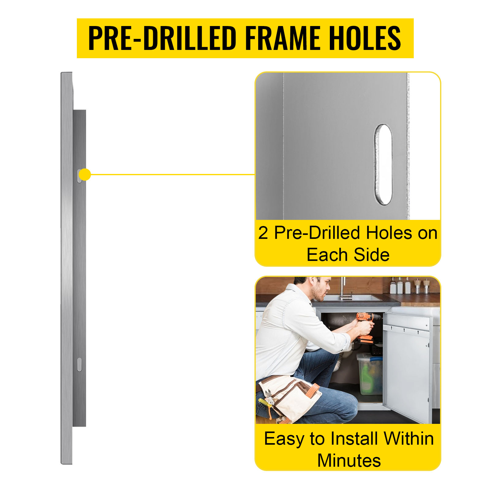 VEVOR bbq access door with pre-drilled frame holes, easy to install within minutes.