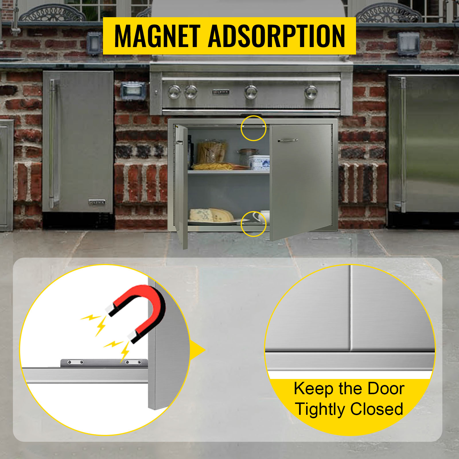 VEVOR bbq access door with magnet adsorption in outdoor kitchen setup.