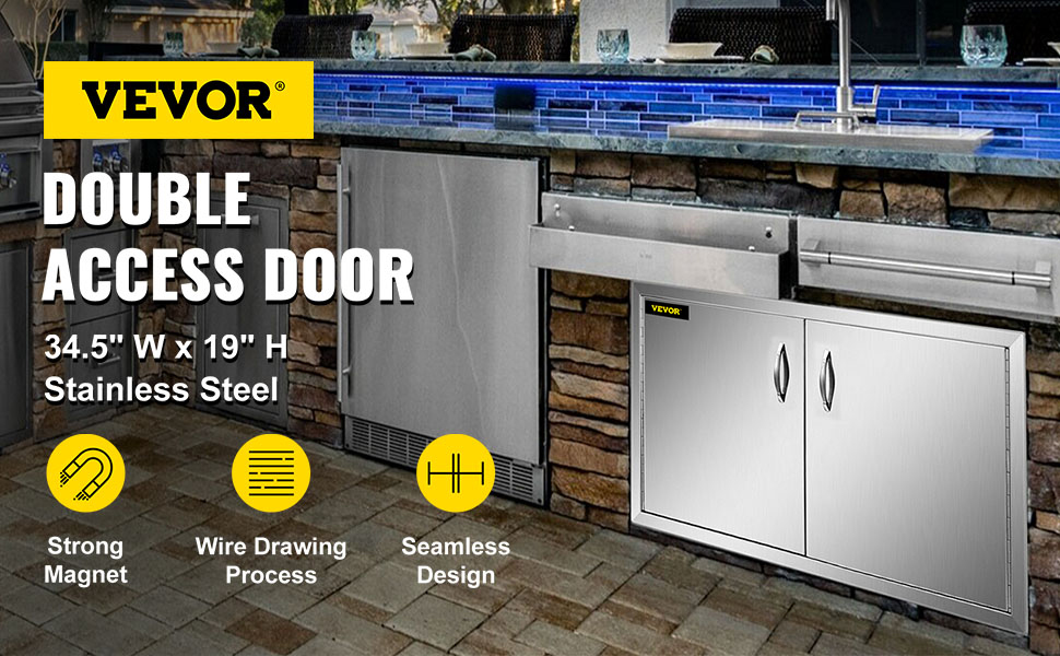 VEVOR outdoor kitchen access door in stainless steel with blue tiled backsplash.