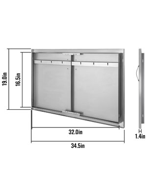 stainless steel double-door VEVOR outdoor kitchen access door with dimensions labeled.