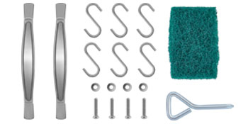 VEVOR outdoor kitchen access door handles, s-hooks, screws, sponge, and triangle key.