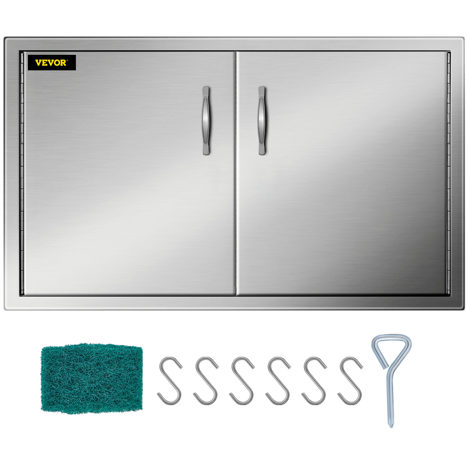 VEVOR outdoor kitchen access door with s-hooks, scrub pad, and shelf bracket.