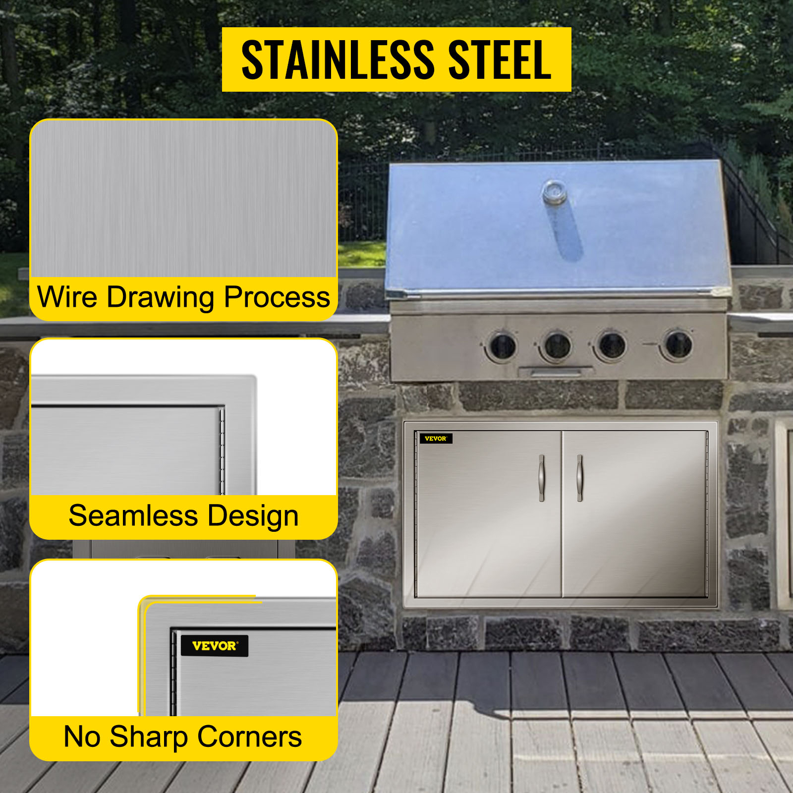 VEVOR outdoor kitchen access door with seamless design and wire drawing process.