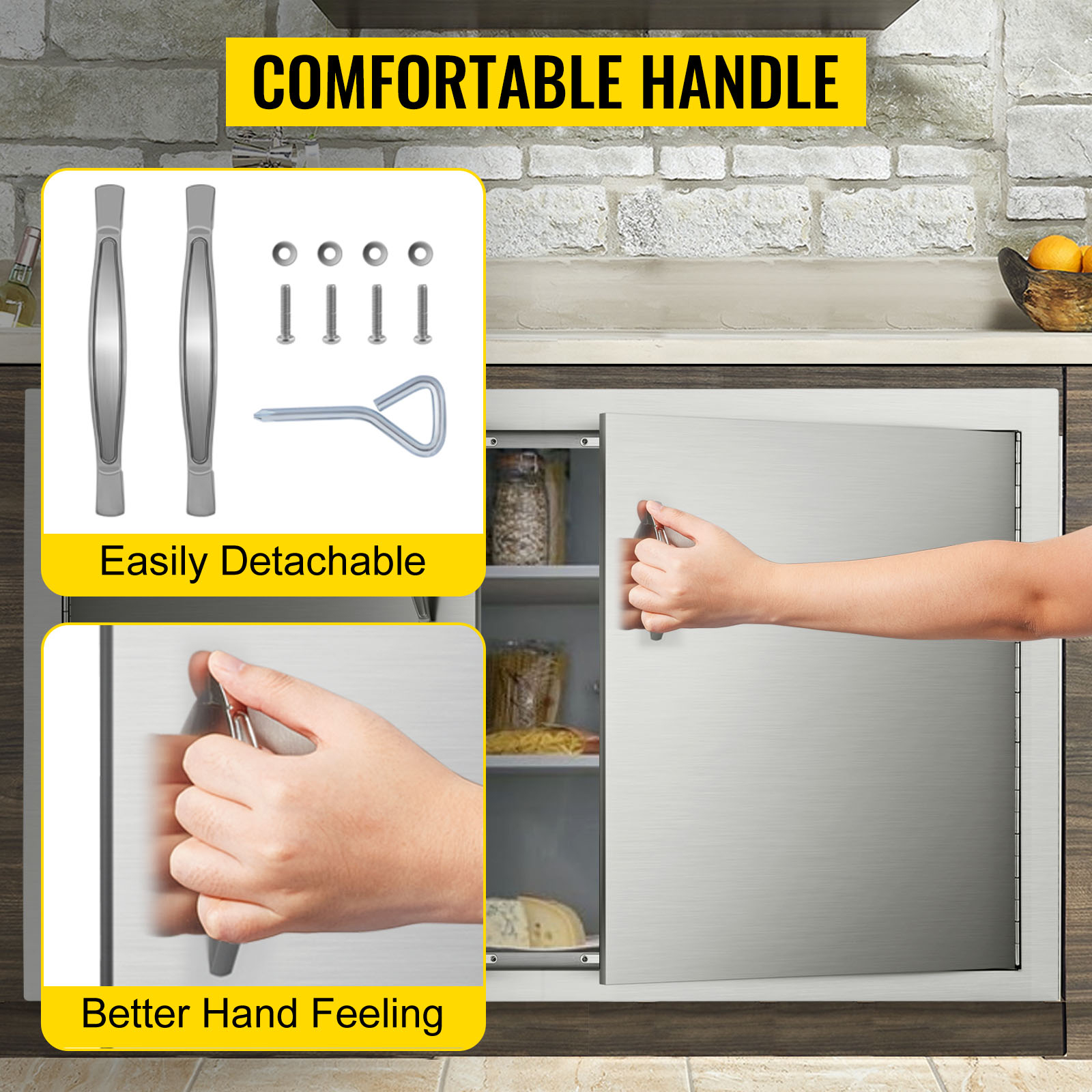 VEVOR outdoor kitchen access door with detachable handle, being opened by a hand.
