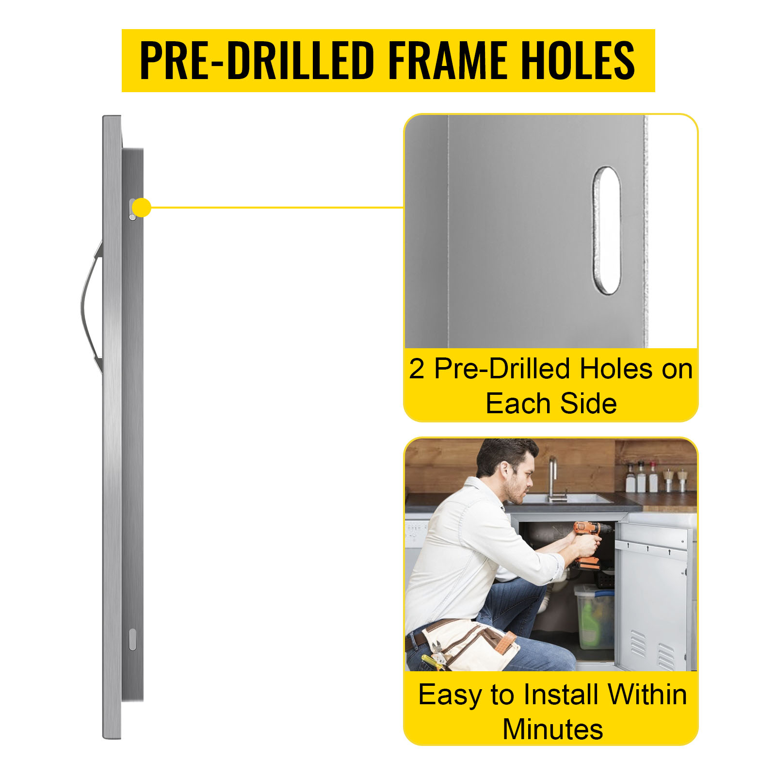 VEVOR outdoor kitchen access door with pre-drilled frame holes, easy to install.