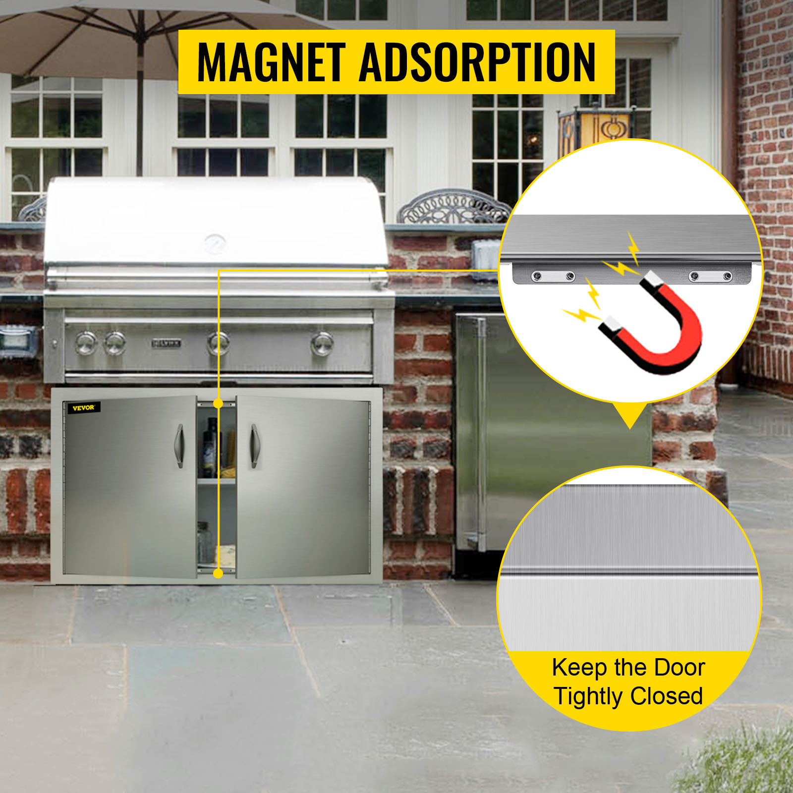 VEVOR outdoor kitchen access door under grill with magnet adsorption feature.