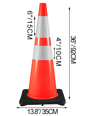 orange VEVOR traffic cone with reflective bands, 36"/92cm height, 13.8"/35cm base.