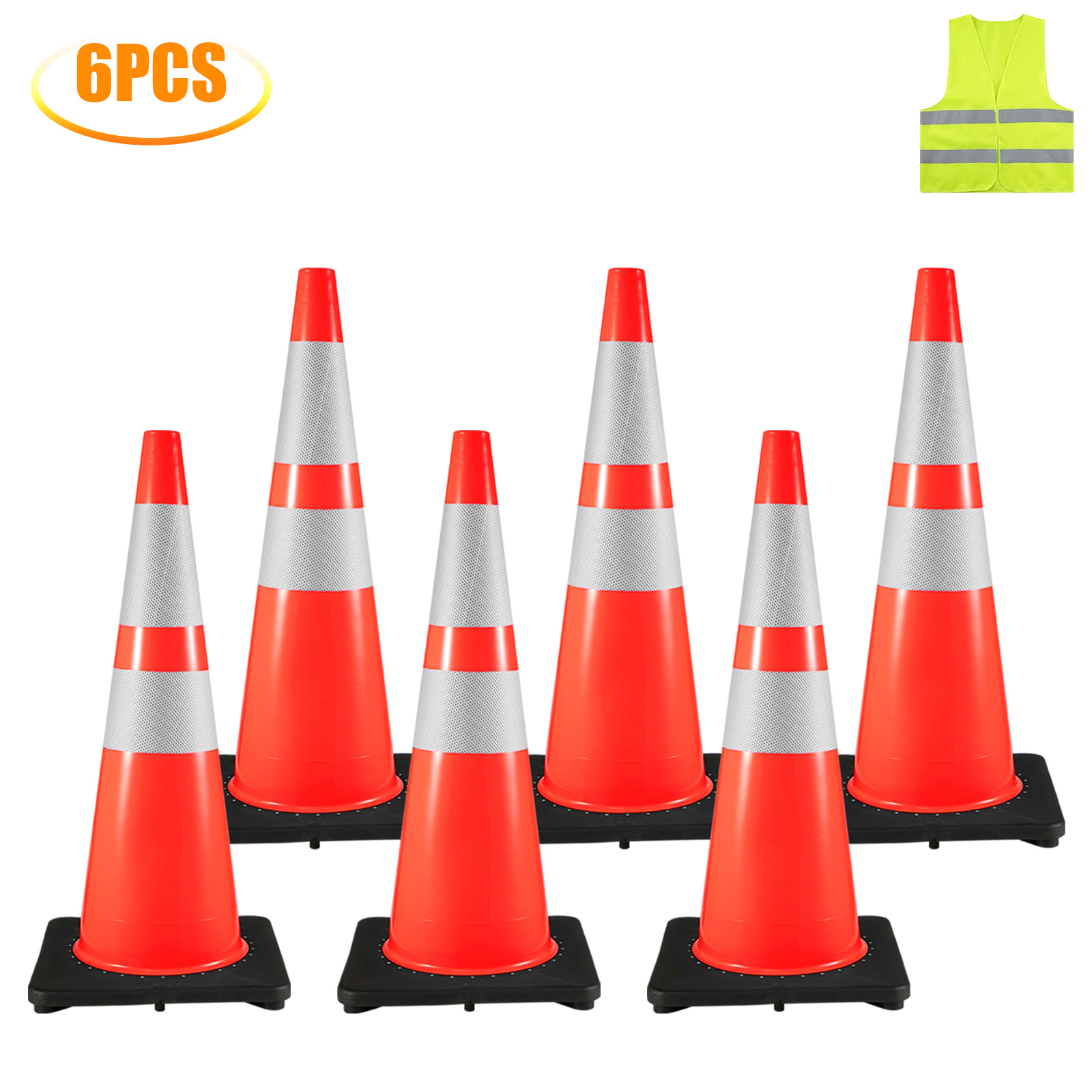 6pcs VEVOR traffic cones with reflective stripes and yellow safety vest.