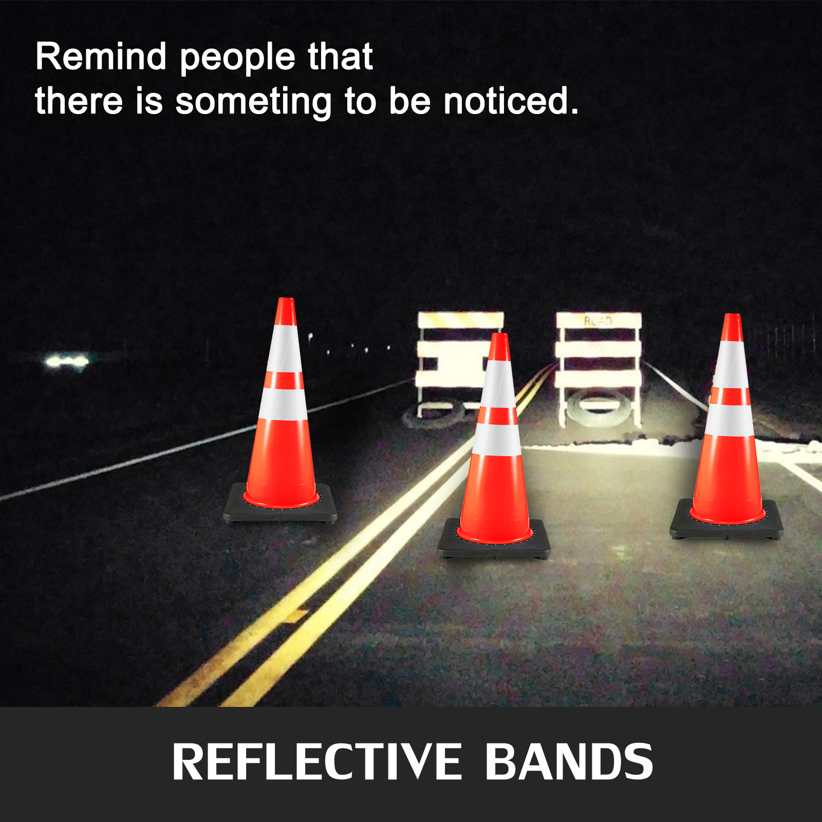 VEVOR traffic cones with reflective bands at night for increased visibility.