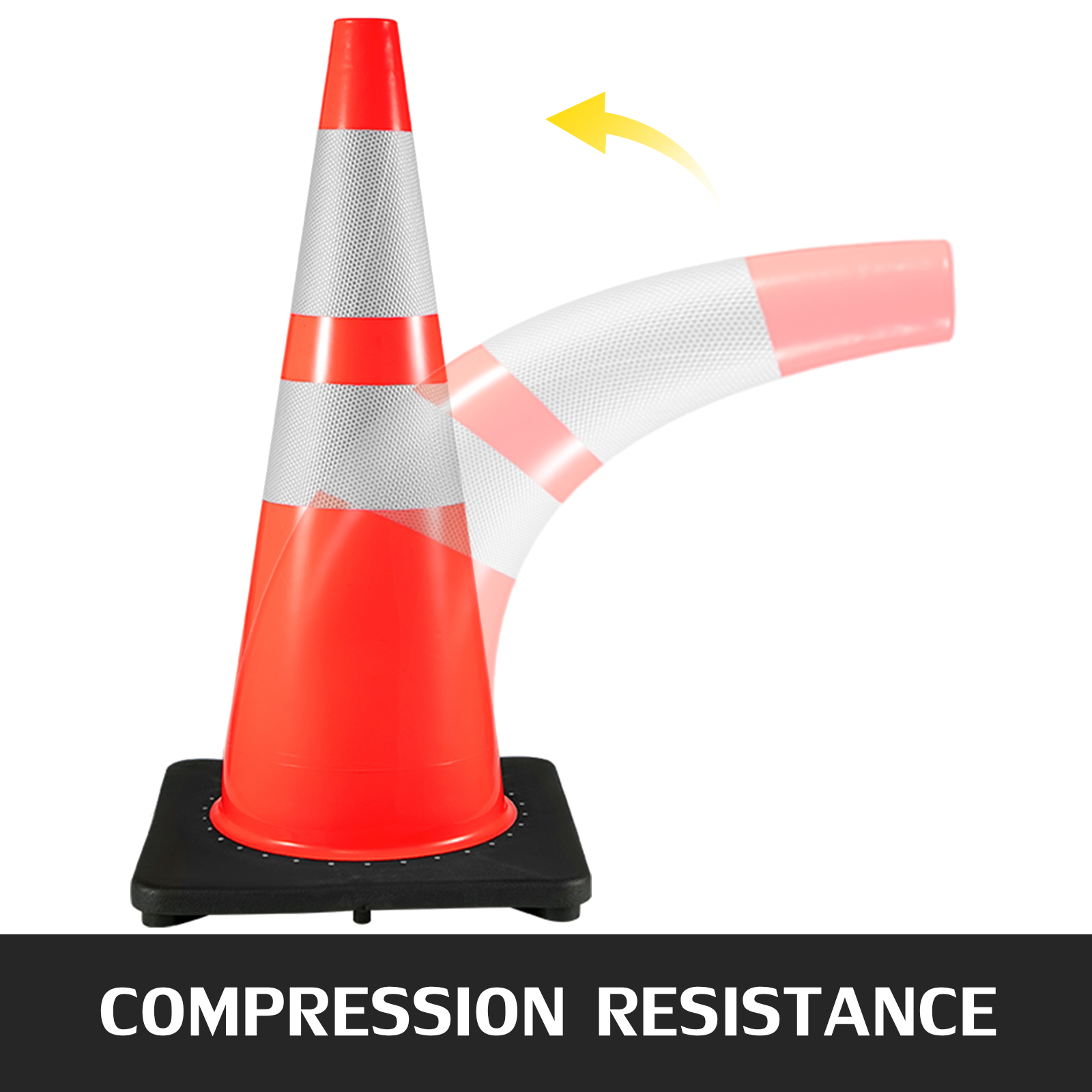 VEVOR traffic cones showcasing compression resistance with black base and reflective stripes.