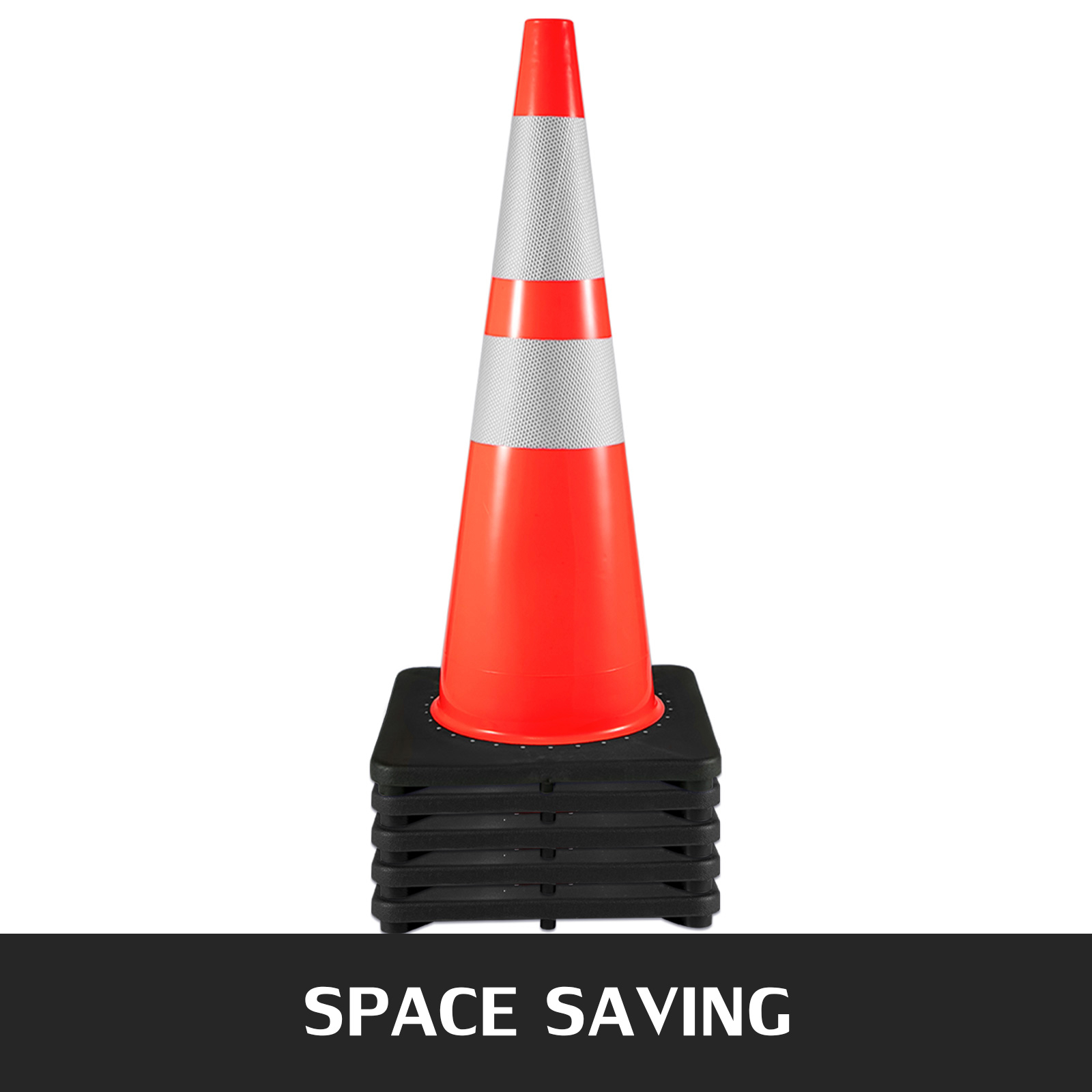 stacked VEVOR traffic cones with reflective stripes and space-saving base.