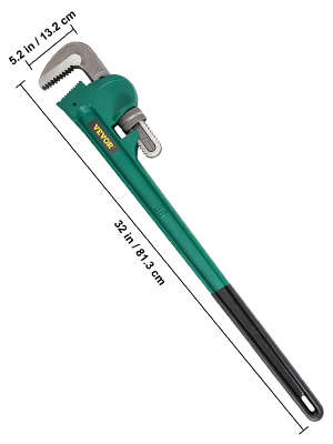 green and black VEVOR pipe wrench, 32 in long, with a 5.2 in jaw capacity.