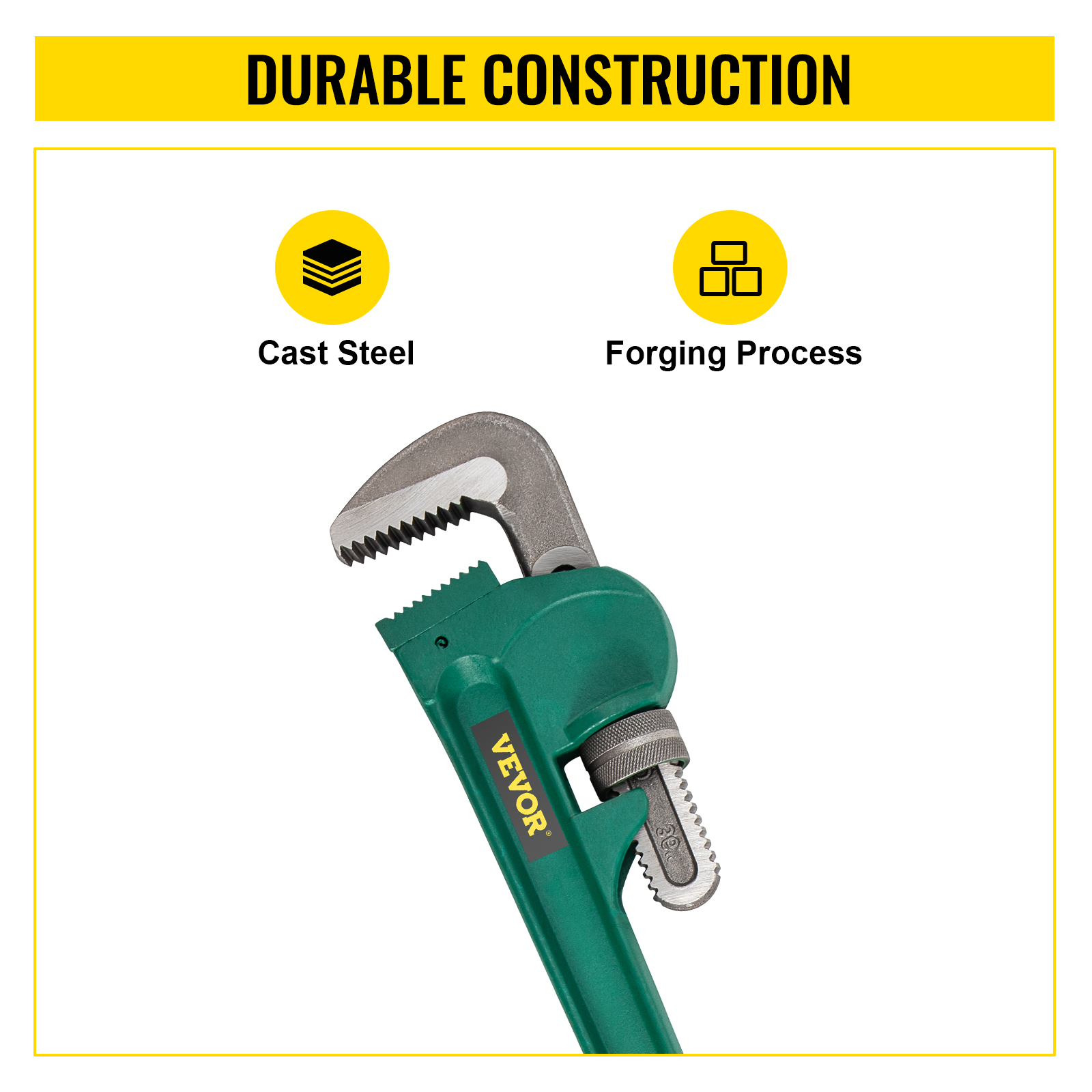 VEVOR pipe wrench with durable cast steel and forging process.