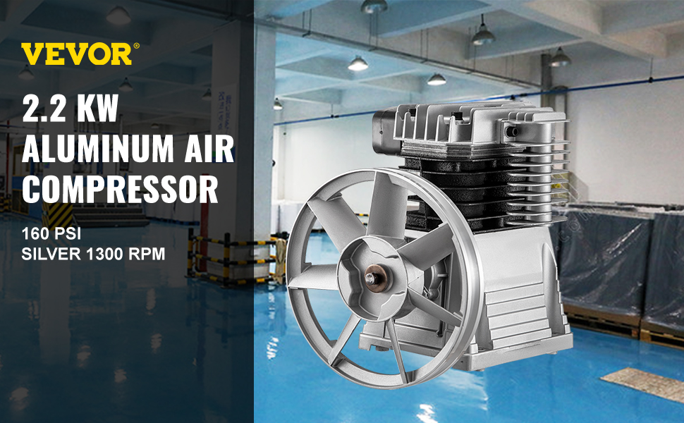 VEVOR air compressor pump, 2.2 kw aluminum, 160 psi, silver, 1300 rpm, in warehouse