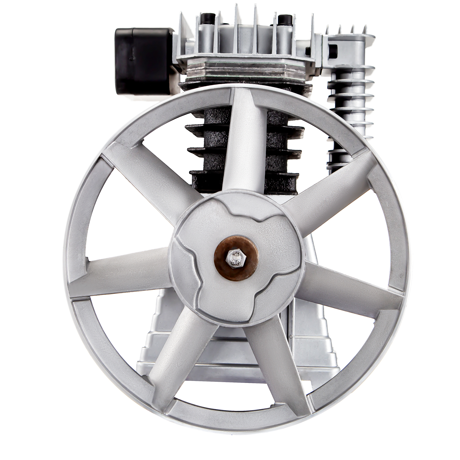 front view of VEVOR air compressor pump with large metal wheel and cooling fins.