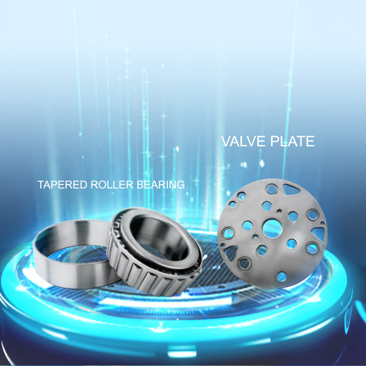 VEVOR air compressor pump valve plate and tapered roller bearing on a glowing platform.