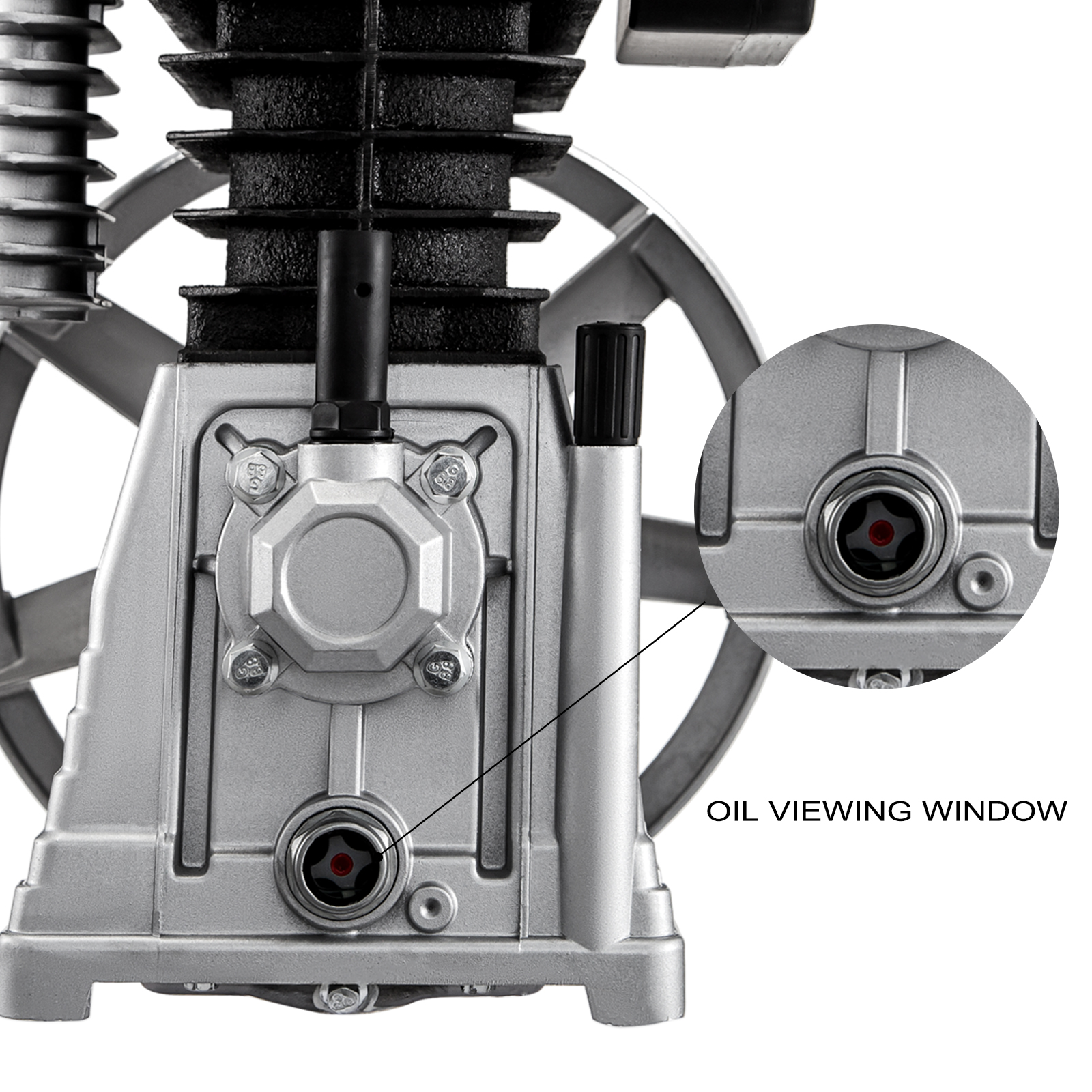 close-up of a VEVOR air compressor pump showing its oil viewing window.