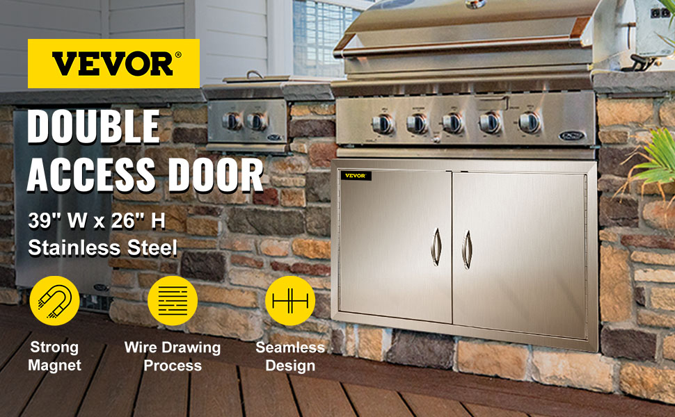 VEVOR bbq access door in stainless steel installed in an outdoor kitchen setup.