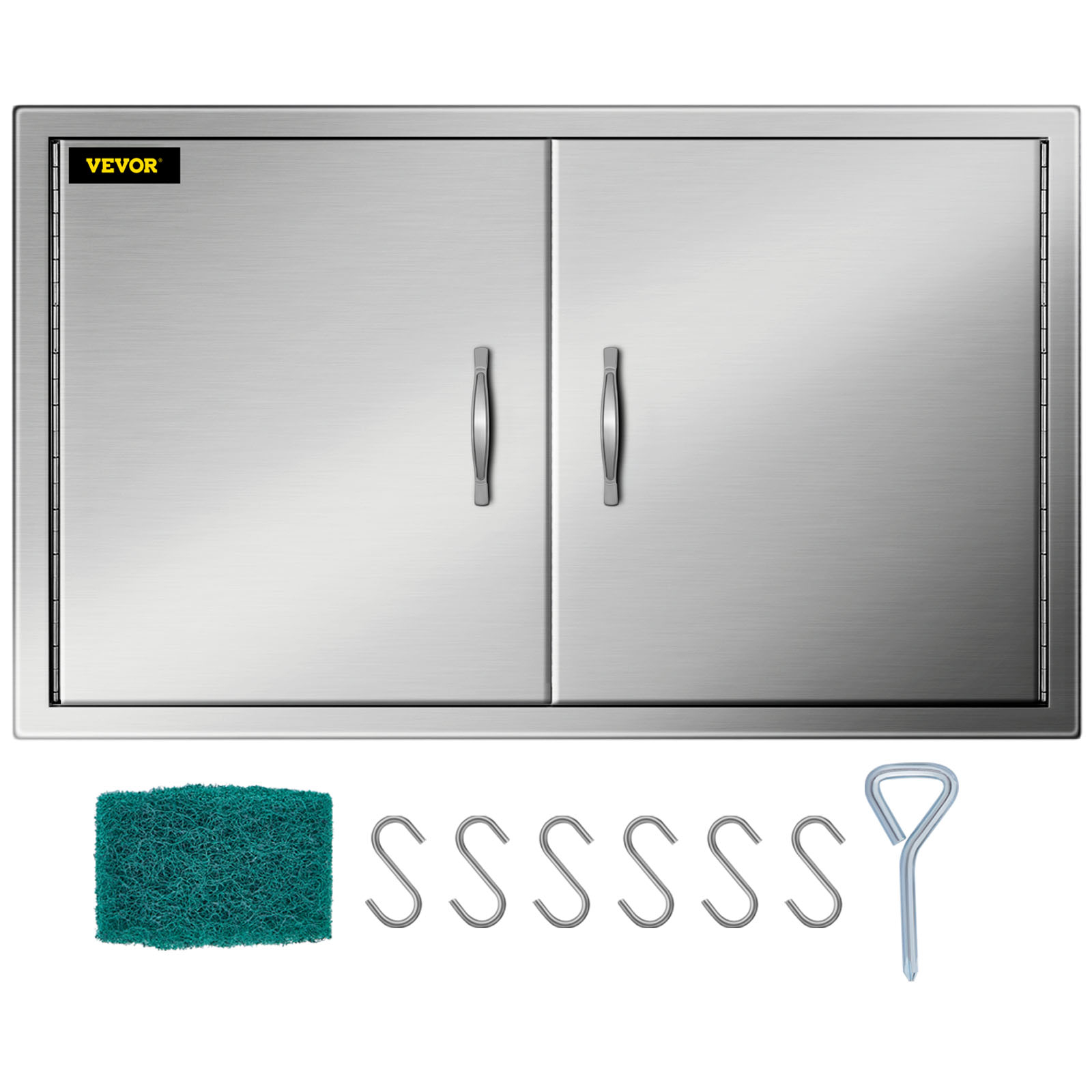 VEVOR bbq access door, stainless steel with dual handles, includes scrub pad and hooks.