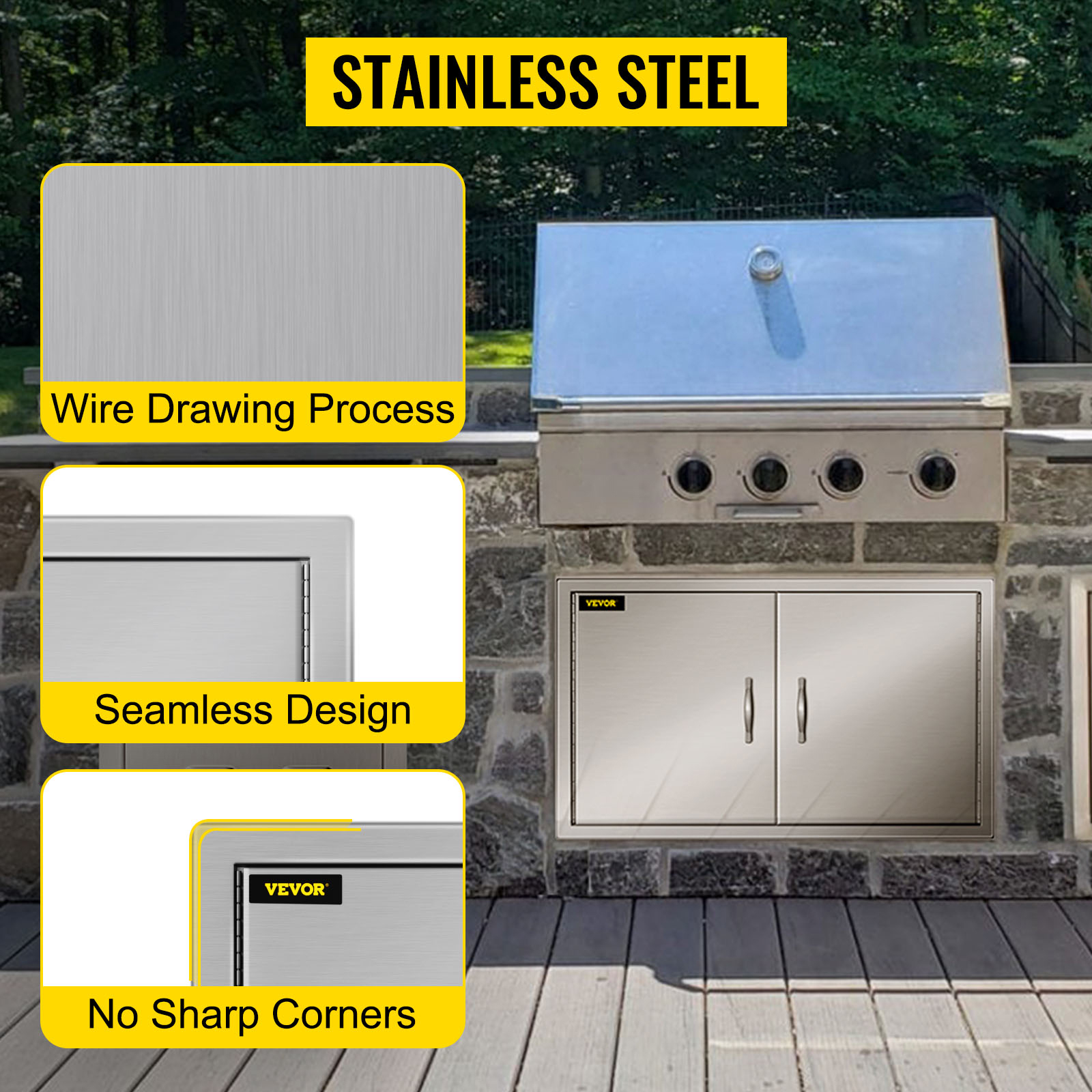 VEVOR bbq access door with stainless steel wire drawing, seamless design, no sharp corners.