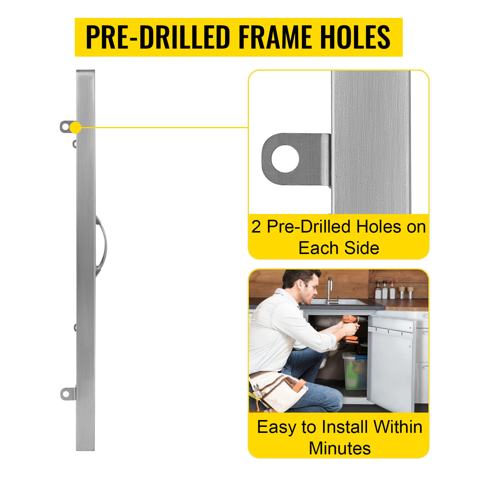 VEVOR bbq access door showing pre-drilled frame holes, easy to install within minutes.
