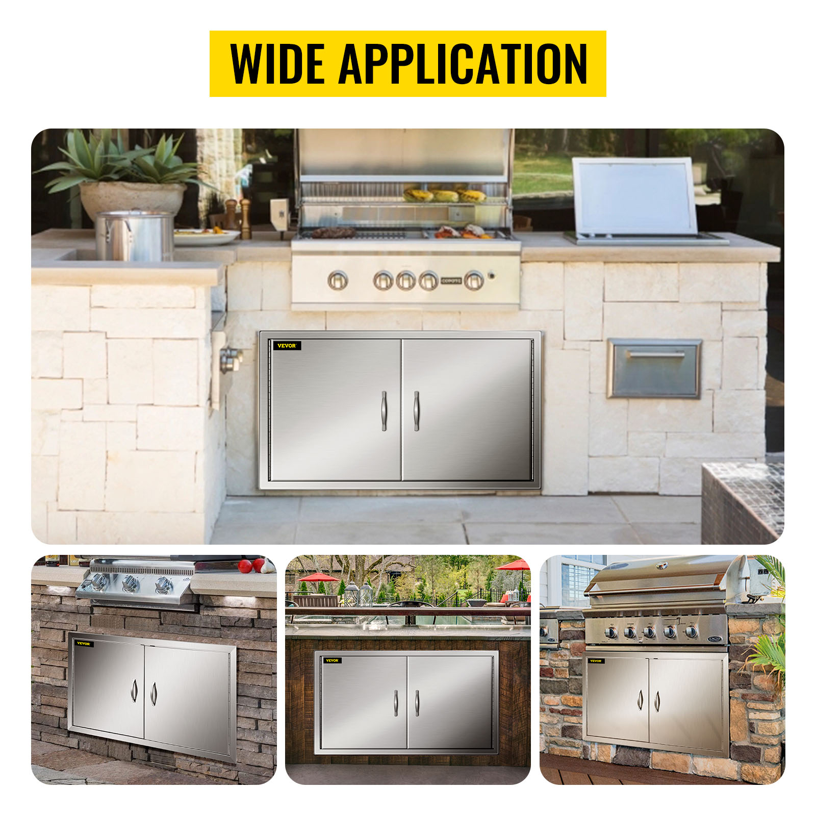 outdoor kitchens with VEVOR bbq access door installations under various settings.