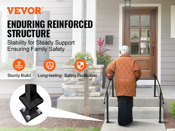 VEVOR handrails secure front porch with elderly person walking, emphasizing safety and durability.