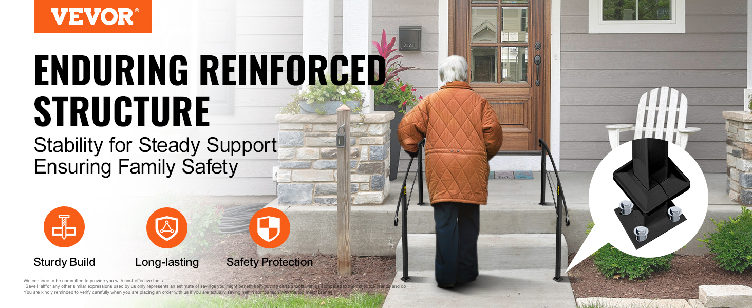 VEVOR handrails secure front porch with elderly person walking, emphasizing safety and durability.