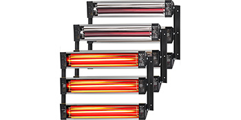 multiple VEVOR paint curing lamps with adjustable heating elements.