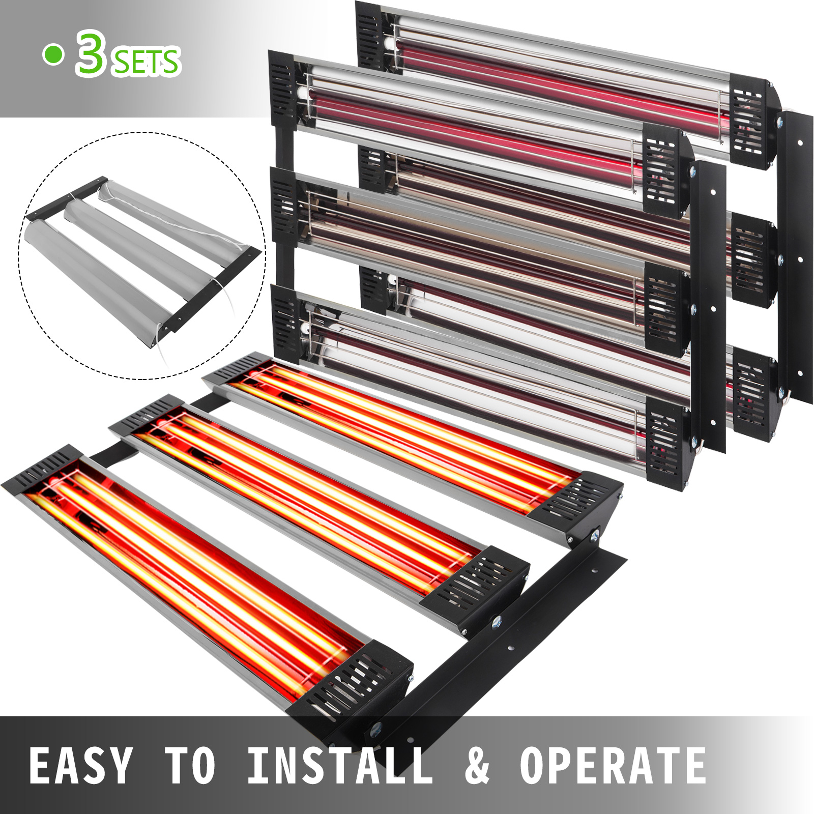 three sets of VEVOR paint curing lamps with red heating elements, easy to install and operate.