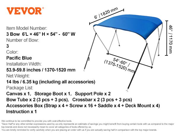 VEVOR bimini top, 3 bow, 6'l x 46"h x 54"-60"w, pacific blue, installation width 53.9"-59.8".