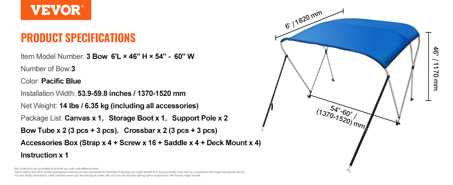 VEVOR bimini top, 3 bow, 6'l x 46"h x 54"-60"w, pacific blue, installation width 53.9"-59.8".