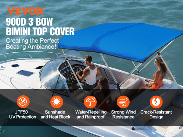 VEVOR bimini top 900d 3 bow provides upf50+ uv protection, waterproofing, wind resistance, and crack resistance.