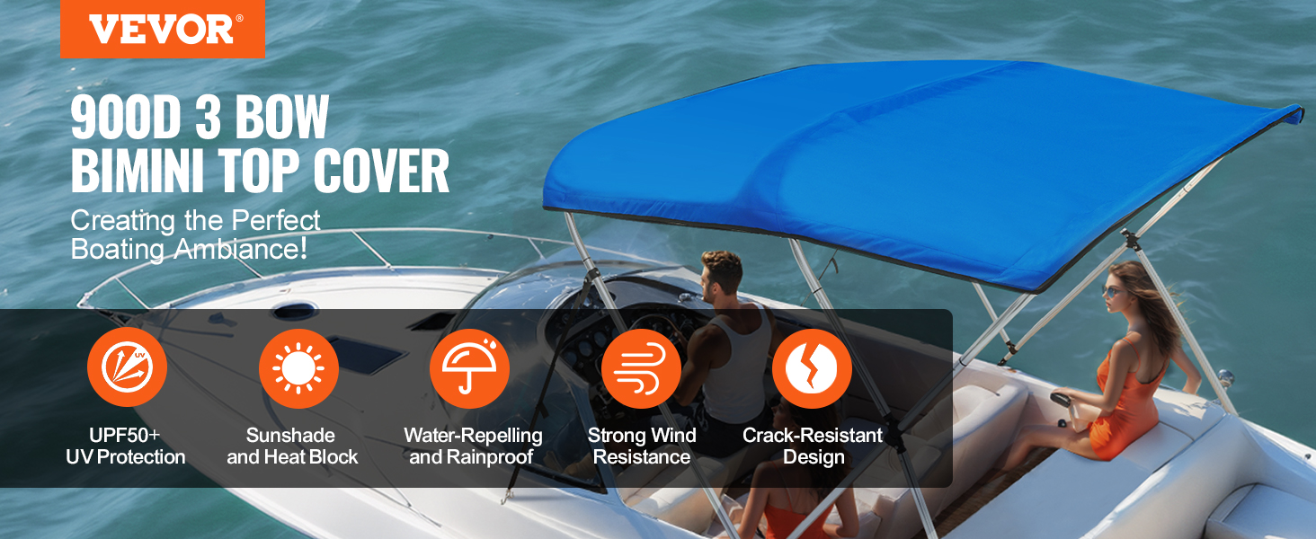 VEVOR bimini top 900d 3 bow provides upf50+ uv protection, waterproofing, wind resistance, and crack resistance.