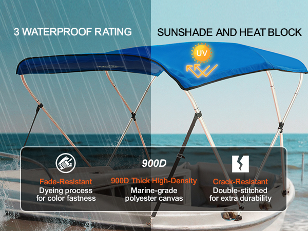 VEVOR bimini top with waterproof, sunshade, heat block, and crack-resistant polyester canvas.