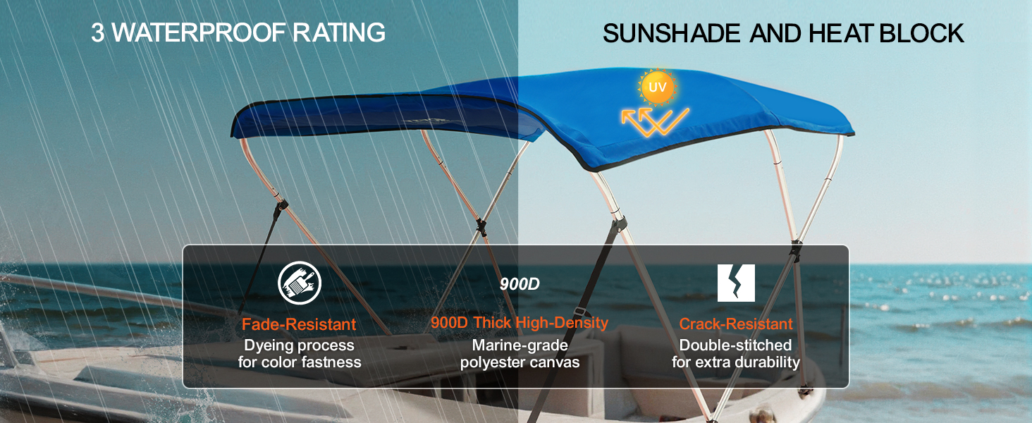 VEVOR bimini top with waterproof, sunshade, heat block, and crack-resistant polyester canvas.