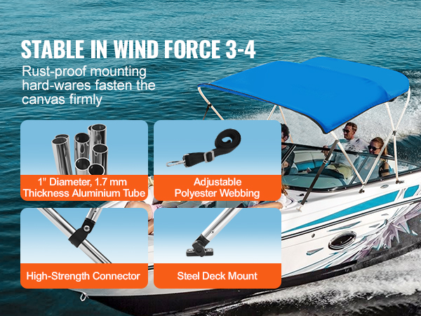 blue VEVOR bimini top on a boat with rust-proof hardware, aluminum tube, webbing, connector, and steel deck mount.
