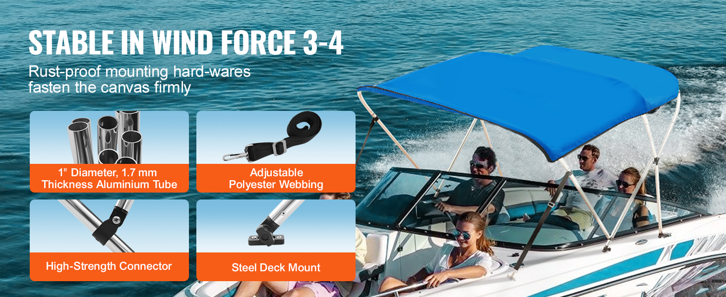 blue VEVOR bimini top on a boat with rust-proof hardware, aluminum tube, webbing, connector, and steel deck mount.